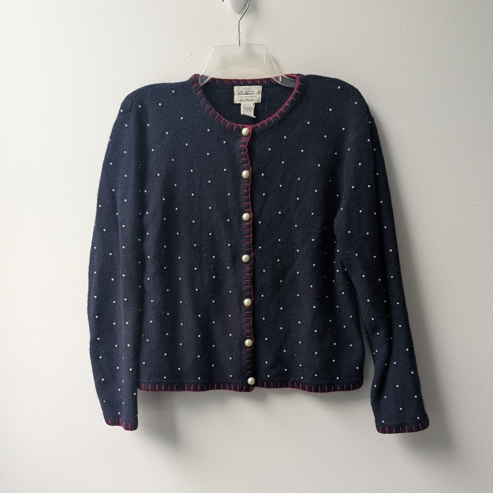 Vtg Cardigan Navy Blue Red Trim Pearl Beaded Button Up Silk Angora Blend Sz L